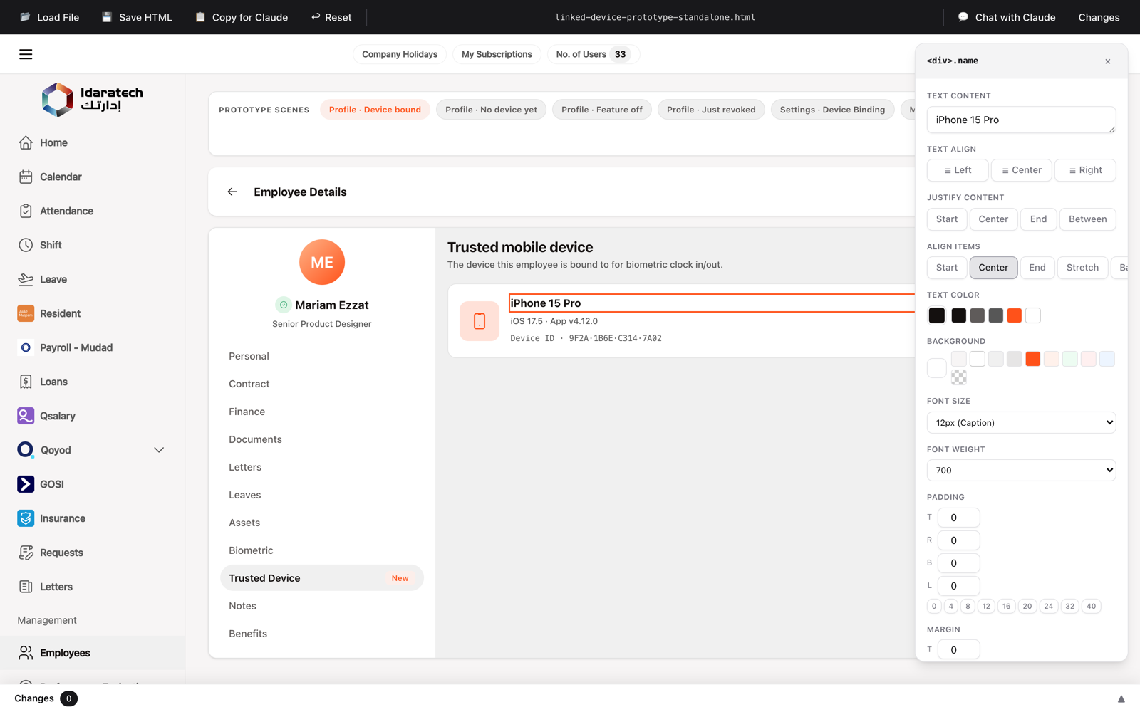Select any element and the inspector speaks the design system